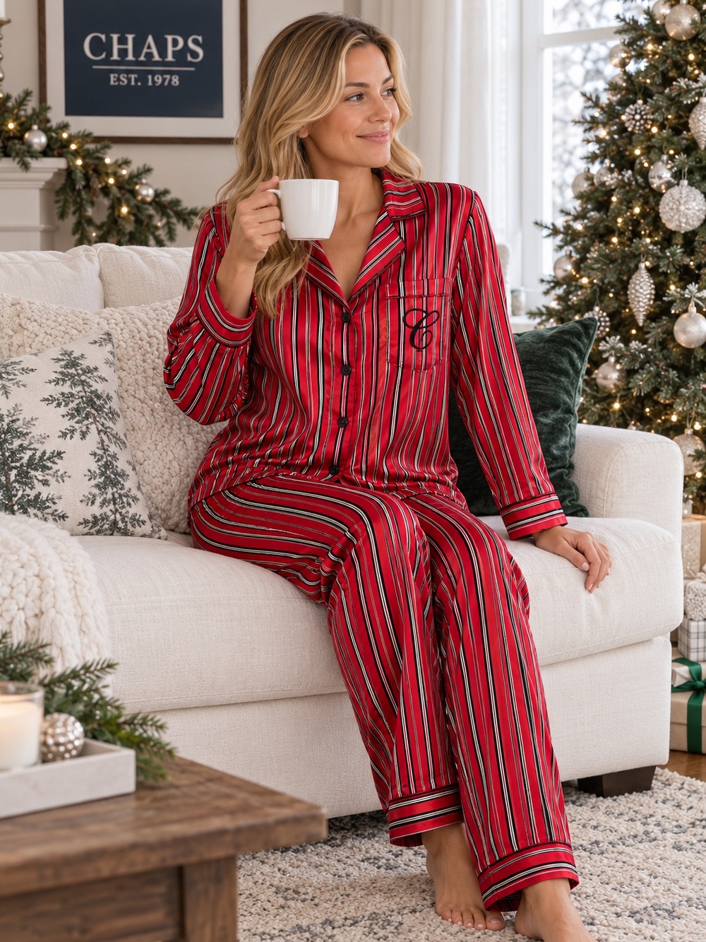 Chaps,Satin Striped Pajama Set Button Embroidered Matching Sleepwear,Size Medium